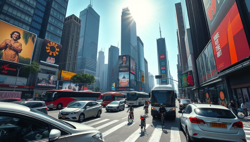 A bustling city street scene, captured through the lens of a wide-angle camera. The foreground showcases various modes of transportation - cars, buses, bicycles, and pedestrians navigating the congested intersection. The middle ground features towering skyscrapers and neon-lit billboards, casting a vibrant glow over the urban landscape. In the background, a hazy, sun-drenched sky creates a sense of depth and atmosphere. The scene conveys the dynamic, fast-paced nature of urban traffic, with a focus on the essential tips and tricks needed to navigate such a complex and ever-changing environment.