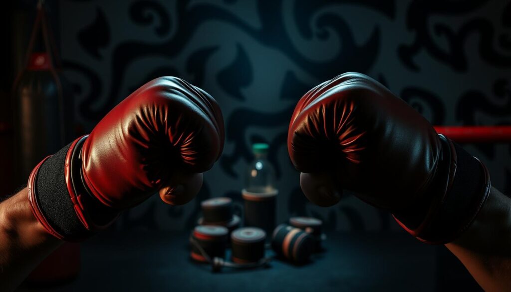 A close-up view of a boxer's gloved hands, showcased against a dimly lit, gritty backdrop. The hands are in a defensive stance, knuckles slightly raised, ready to strike. Dramatic shadows cast across the scene, emphasizing the intensity and focus of the moment. In the middle ground, a collection of boxing equipment - wraps, mouthguard, and water bottle - speaks to the preparation and discipline required for the sport. The background features a blurred, abstract pattern of punching bags and training equipment, hinting at the broader context of the boxing gym. The overall mood is one of determination, grit, and the pursuit of mastery in the art of boxing.
