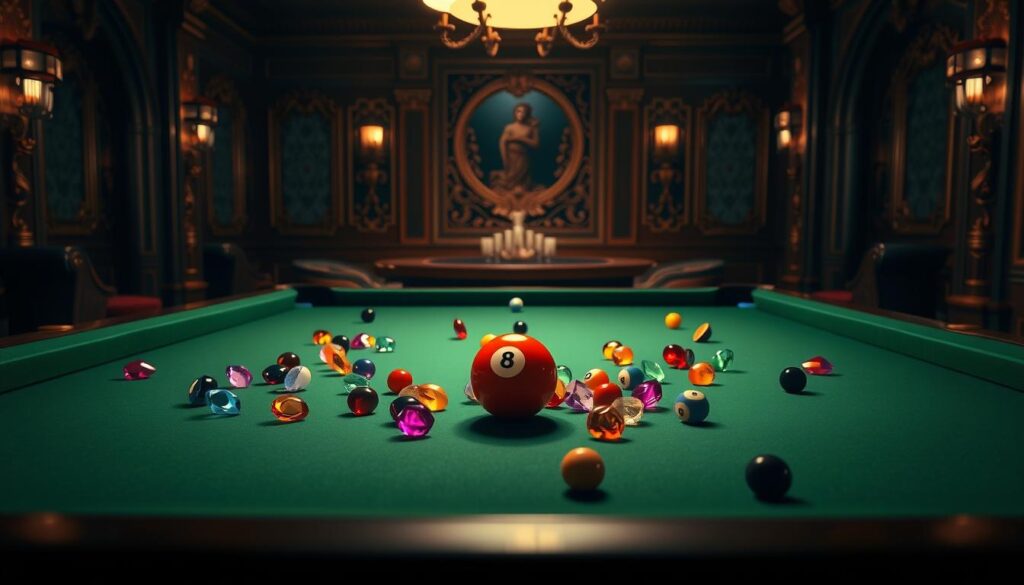 A dimly lit pool table set against a backdrop of opulent, ornate interiors. On the table, an 8-ball rests amidst a scattering of colorful in-app purchase icons - gems, coins, boosts, and power-ups. The table's green felt is illuminated by a warm, focused light, casting dramatic shadows that add depth and drama to the scene. The overall atmosphere is one of luxurious, high-stakes gaming, hinting at the allure and potential cost of in-app purchases in the popular 8 Ball Pool mobile game.