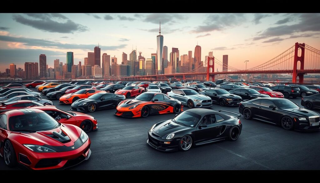 A fleet of custom-tuned, high-performance "Traffic Tour" cars, showcasing a diverse range of modifications and unique designs. The foreground features sleek sports cars with bold, angular body kits, chrome trim, and striking paint schemes. In the middle ground, hot hatchbacks with lowered suspensions, oversized alloy wheels, and spoilers race alongside classic muscle cars with blacked-out details and oversized exhaust tips. The background is filled with a city skyline, with skyscrapers and bridges illuminated by warm, golden hour lighting, creating a dynamic, automotive-focused scene.