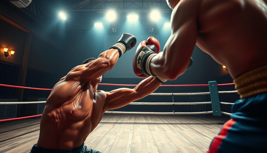 A realistic ragdoll physics simulation showcasing dynamic boxing movements. In the foreground, a boxer's limbs flail and twist as they grapple with their opponent, their muscle fibers rippling under the skin. The middle ground depicts the boxing ring, its ropes and turnbuckles casting dramatic shadows as bright spotlights illuminate the scene. In the background, a dimly lit gymnasium with exposed beams and a worn hardwood floor sets the moody, gritty atmosphere. The lighting is a mix of warm, theatrical spotlights and cool, natural ambient light, creating a visually striking contrast. The camera angle is low, from the perspective of a spectator close to the action, capturing the intensity and drama of the performance.