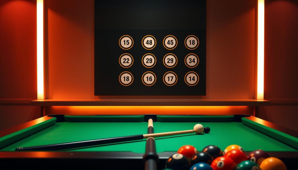 A sleek, modern 8 ball pool table set against a stylish, minimalist backdrop. The table is bathed in warm, directional lighting, casting dramatic shadows and highlights across the green felt surface. Atop the table, a grid of numbered circles representing a progression system, each with its own unique reward or achievement. The circles glow with a soft, luminous energy, hinting at the sense of progression and accomplishment. In the foreground, a pool cue and a collection of colorful, glossy billiard balls, creating a tactile, three-dimensional scene. The overall atmosphere is one of refinement, challenge, and the thrill of mastering the game.