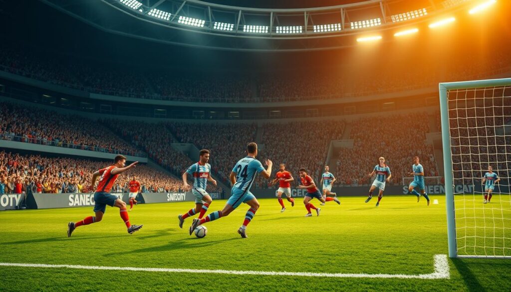 Um estádio vibrante, repleto de torcedores empolgados, com a atmosfera carregada de expectativa. No gramado verdejante, um grupo de jogadores lendários se enfrenta em uma intensa partida multiplayer, seus movimentos ágeis e jogadas estratégicas se desenrolando em uma dança cativante. Os jogadores, trajando seus icônicos uniformes, driblam a defesa, executando passes precisos e chutes espetaculares que ricocheteiam nas traves. Acima, as luzes do estádio projetam um brilho dourado e aconchegante, iluminando as expressões determinadas dos jogadores e as reações extasiadas dos torcedores. Ao longe, as arquibancadas imponentes e a arquitetura moderna e elegante criam uma sensação de grandiosidade e imponência, emoldurando o confronto épico entre lendas do futebol. A vibrant stadium filled with cheering crowds, the air electric with anticipation. On the lush, verdant pitch, a group of legendary football players engage in an intense multiplayer match, their nimble movements and strategic plays unfolding in a captivating dance. The players, clad in their iconic team uniforms, weave through the defense, executing precise passes and jaw-dropping shots that ricochet off the posts. Overhead, the stadium lights cast a warm, golden glow, illuminating the players' determined expressions and the fans' ecstatic reactions. In the distance, the towering grandstands and sleek, modern architecture create a sense of scale and grandeur, framing the epic clash of football legends.